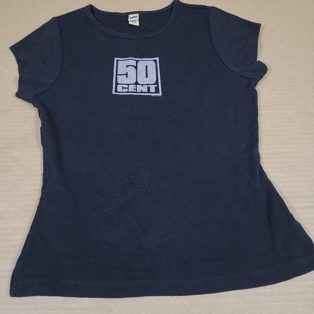 Vintage Y2k 50 CENT Logo T Shirt Women's Sz‎ L SLIM CROP FIT RARE 2003 PROMO